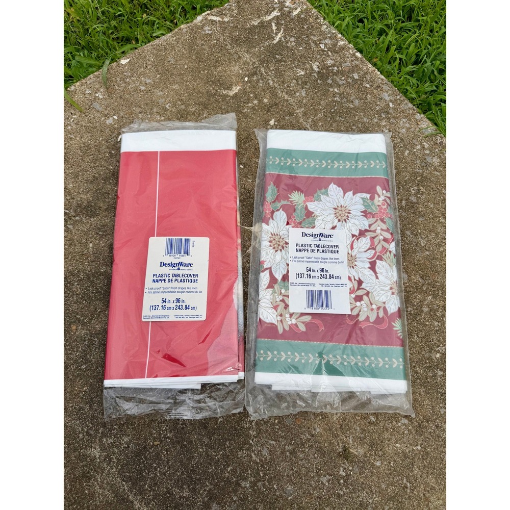 VTG Lot of 2 DesignWare Christmas Plastic Tablecloths Santa Poinsettia 54x96 New
